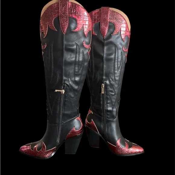 Size 5 M - Jessica Simpson Women's Rhetta Flame Knee High‎ Cowboy Boots Black - Picture 2 of 8